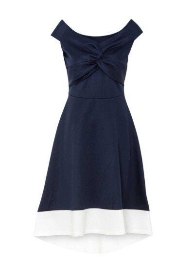 Kadın Kayık Yaka Lacivert Volanlı Çan Kesim Şık Curve Gece Abiye/Mezuniyet Elbisesi