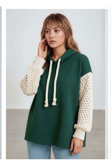 Kadın Kolları Örgü Triko Şık Tasarım Oversize Tunik Boy Zümrüt Yeşili Sweatshirt Kazak