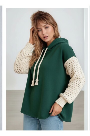 Kadın Kolları Örgü Triko Şık Tasarım Oversize Tunik Boy Zümrüt Yeşili Sweatshirt Kazak