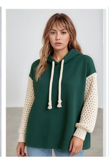 Kadın Kolları Örgü Triko Şık Tasarım Oversize Tunik Boy Zümrüt Yeşili Sweatshirt Kazak