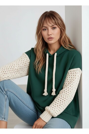 Kadın Kolları Örgü Triko Şık Tasarım Oversize Tunik Boy Zümrüt Yeşili Sweatshirt Kazak