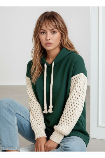 Kadın Kolları Örgü Triko Şık Tasarım Oversize Tunik Boy Zümrüt Yeşili Sweatshirt Kazak