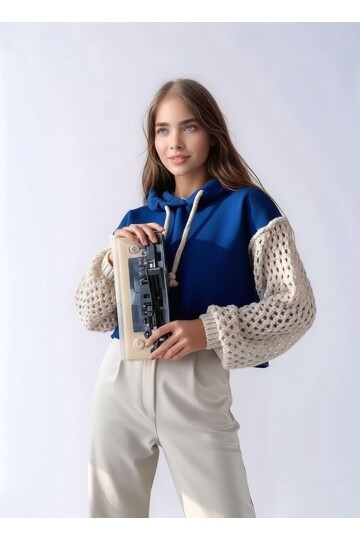 Kadın Kolları Örgü Triko Süper Şık Tasarım Oversize Crop Boy Saks Mavi Sweatshirt