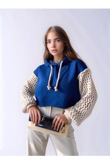 Kadın Kolları Örgü Triko Süper Şık Tasarım Oversize Crop Boy Saks Mavi Sweatshirt