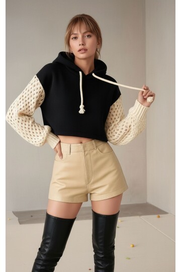 Kadın Kolları Triko 3iplik Şık Tasarım Geniş Kalıp Crop Boy Kapüşonlu Sweatshirt Kazak