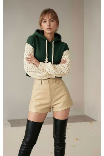 Kadın Kolları Triko 3iplik Şık Tasarım Geniş Kalıp Crop Boy Kapüşonlu Sweatshirt Kazak