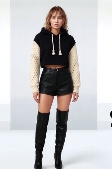 Kadın Kolları Triko File Örgü Şık Tasarım Crop Boy Kapüşonlu Sweatshirt Kazak