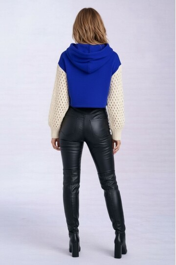 Kadın Kolları Triko File Örgü Şık Tasarım Crop Boy Kapüşonlu Sweatshirt Design Kazak