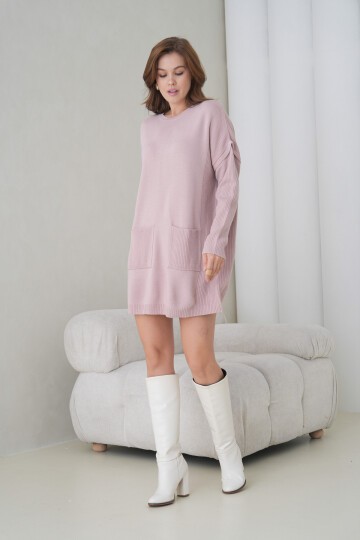 Kadın Kolları Uzun Kendinden Dokulu Bisiklet Yaka Tunik Boy Şık Kışlık Triko Kazak Cepli Elbise