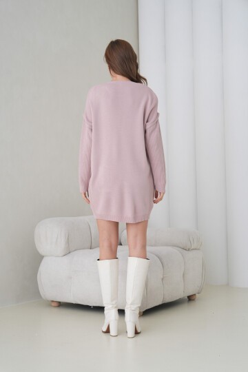 Kadın Kolları Uzun Kendinden Dokulu Bisiklet Yaka Tunik Boy Şık Kışlık Triko Kazak Cepli Elbise