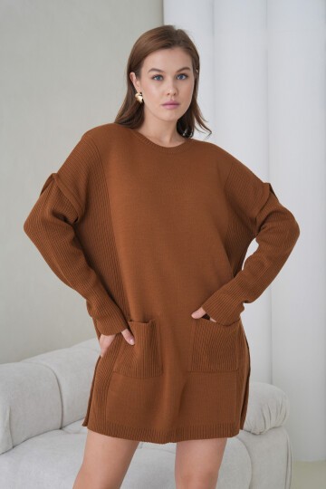 Kadın Kolları Uzun Kendinden Dokulu Bisiklet Yaka Tunik Boy Şık Kışlık Triko Kazak Cepli Elbise