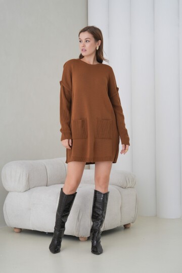 Kadın Kolları Uzun Kendinden Dokulu Bisiklet Yaka Tunik Boy Şık Kışlık Triko Kazak Cepli Elbise