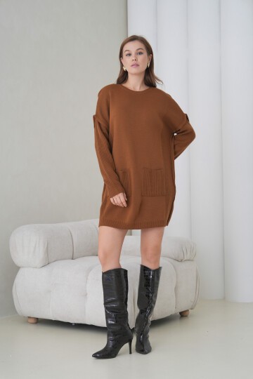 Kadın Kolları Uzun Kendinden Dokulu Bisiklet Yaka Tunik Boy Şık Kışlık Triko Kazak Cepli Elbise