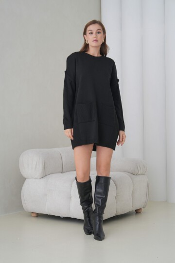 Kadın Kolları Uzun Kendinden Dokulu Bisiklet Yaka Tunik Boy Şık Kışlık Triko Kazak Cepli Elbise