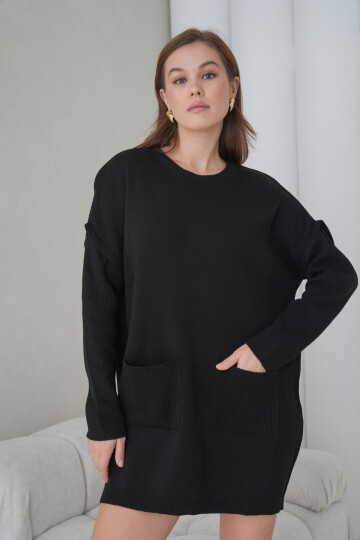 Kadın Kolları Uzun Kendinden Dokulu Bisiklet Yaka Tunik Boy Şık Kışlık Triko Kazak Cepli Elbise