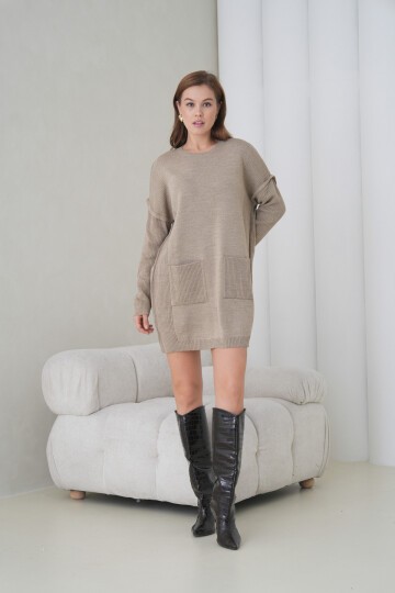 Kadın Kolları Uzun Kendinden Dokulu Bisiklet Yaka Tunik Boy Şık Kışlık Triko Kazak Cepli Elbise