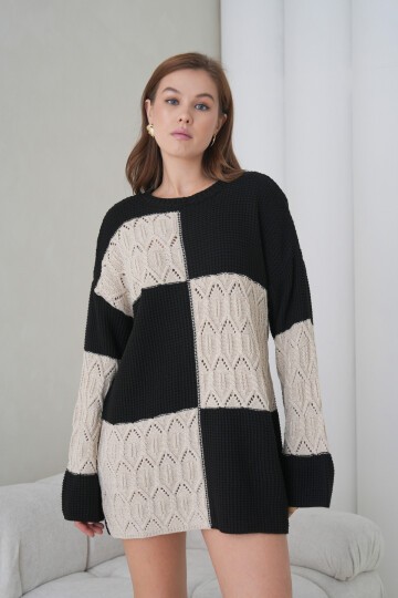 Kadın Kolları Uzun Kendinden Dokulu Bisiklet Yaka Tunik Boy Şık Kışlık Triko Kazak Cepli Elbise