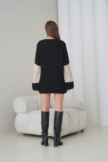 Kadın Kolları Uzun Kendinden Dokulu Bisiklet Yaka Tunik Boy Şık Kışlık Triko Kazak Cepli Elbise