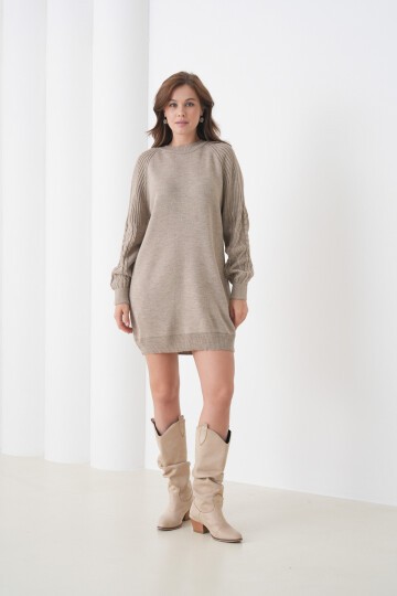 Kadın Kolları Uzun Kendinden Dokulu Bisiklet Yaka Tunik Boy Şık Kışlık Triko Kazak