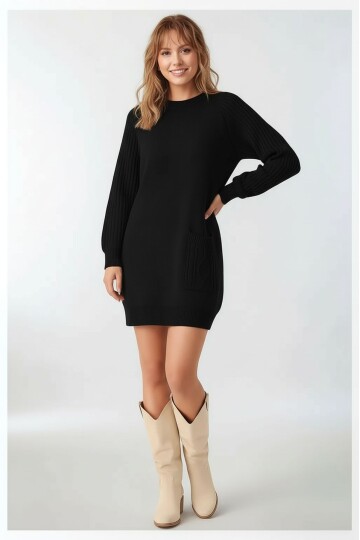 Kadın Kolları Uzun Kendinden Dokulu Bisiklet Yaka Tunik Boy Şık Kışlık Triko Büyük Beden Kazak