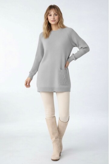 Kadın Kolları Uzun Kendinden Dokulu Bisiklet Yaka Tunik Boy Şık Kışlık Triko Büyük Beden Kazak