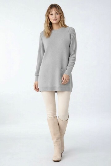 Kadın Kolları Uzun Kendinden Dokulu Bisiklet Yaka Tunik Boy Şık Kışlık Triko Büyük Beden Kazak