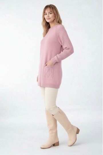 Kadın Kolları Uzun Kendinden Dokulu Bisiklet Yaka Tunik Boy Şık Kışlık Triko Büyük Beden Kazak