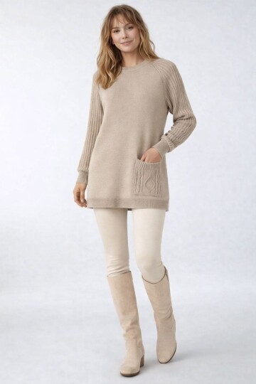 Kadın Kolları Uzun Kendinden Dokulu Bisiklet Yaka Tunik Boy Şık Kışlık Triko Büyük Beden Kazak