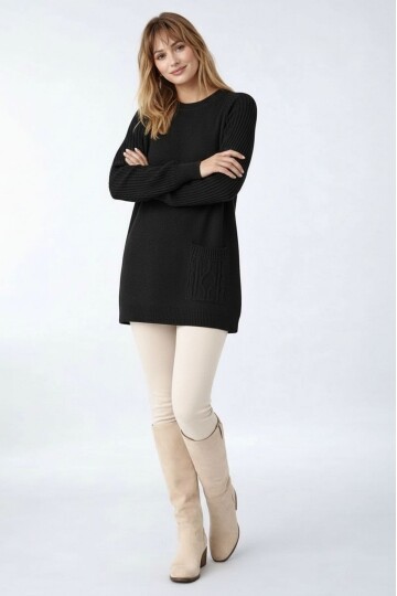 Kadın Kolları Uzun Kendinden Dokulu Bisiklet Yaka Tunik Boy Şık Kışlık Triko Büyük Beden Kazak