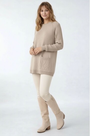 Kadın Kolları Uzun Kendinden Dokulu Bisiklet Yaka Tunik Boy Şık Kışlık Triko Büyük Beden Kazak