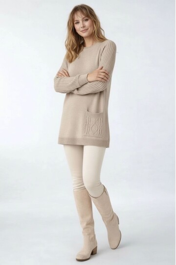 Kadın Kolları Uzun Kendinden Dokulu Bisiklet Yaka Tunik Boy Şık Kışlık Triko Büyük Beden Kazak