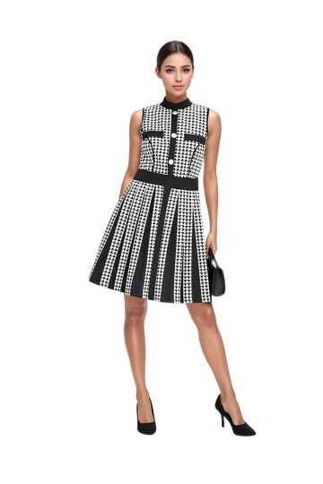 Kadın Kolsuz Çan Etek Kazayağı Desen Düğme Detay Büyük Beden Curve Şık Boy Elbise