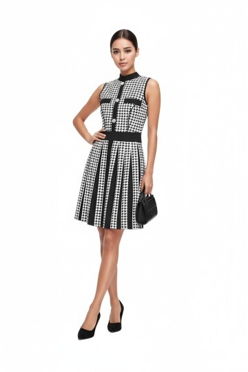 Kadın Kolsuz Çan Etek Kazayağı Desen Düğme Detay Büyük Beden Curve Şık Boy Elbise