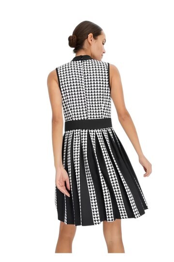 Kadın Kolsuz Çan Etek Kazayağı Desen Düğme Detay Büyük Beden Curve Şık Boy Elbise