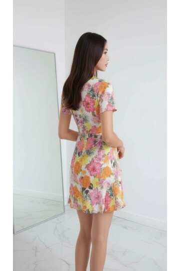 Kadın Kruvaze Yaka Volanlı Etek Bele Oturan Desenli Casual Şık  Mini Elbise