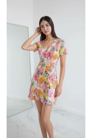Kadın Kruvaze Yaka Volanlı Etek Bele Oturan Desenli Casual Şık  Mini Elbise