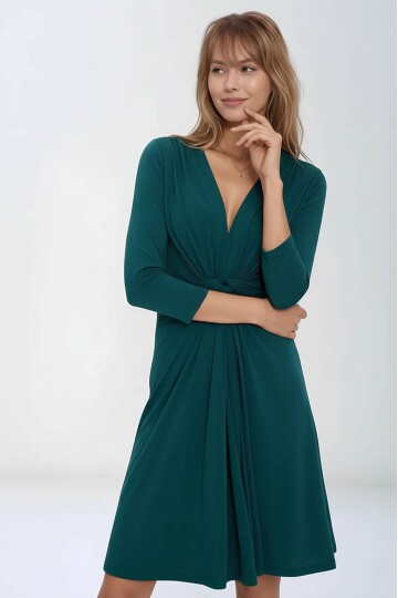 Kadın Önden Düğümlü V Yaka Spor Şık Truvakar Kol Casual Curve Hamile Elbisesi