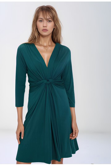 Kadın Önden Düğümlü V Yaka Spor Şık Truvakar Kol Casual Curve Hamile Elbisesi