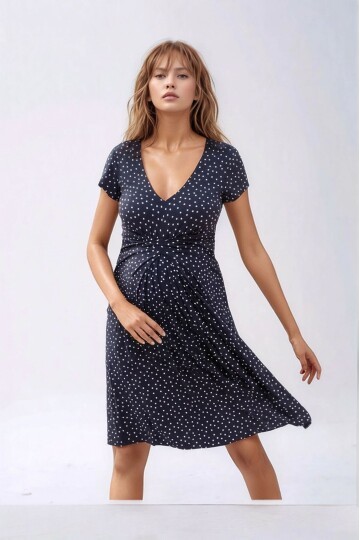 Kadın Önden Düğümlü Viskon Puantiyeli Spor Şık Hamile Elbisesi