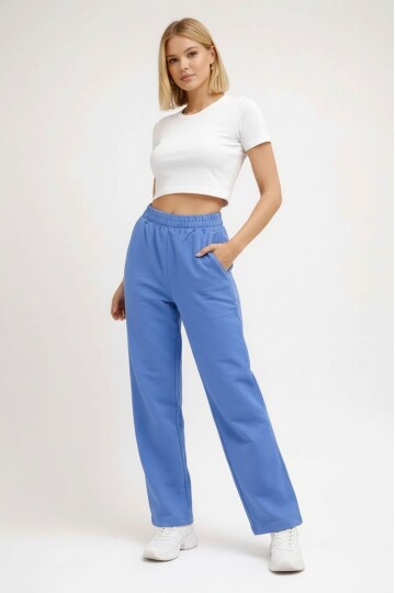 Kadın Orta Yüksek Bel Boru Paça Pamuklu Cepli Lastikli Spor Şık Eşofman Altı