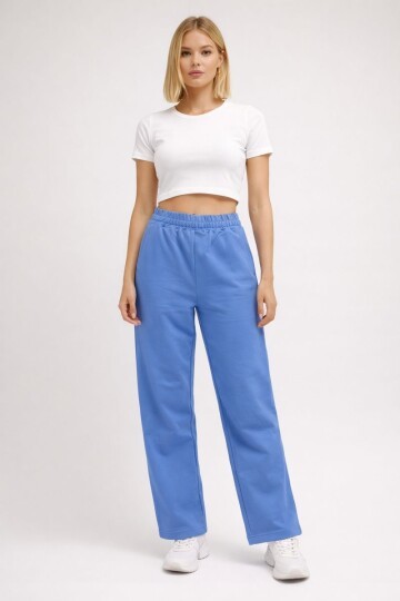 Kadın Orta Yüksek Bel Boru Paça Pamuklu Cepli Lastikli Spor Şık Eşofman Altı