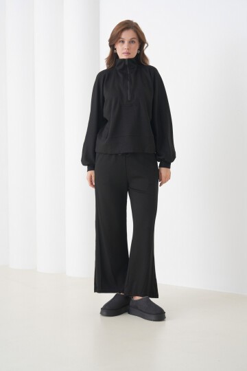 Kadın Oversize Fermuarlı Kapüşonlu Sweatshirt Geniş Paça Tesettüre Uygun Spor Şık Eşofman Takımı