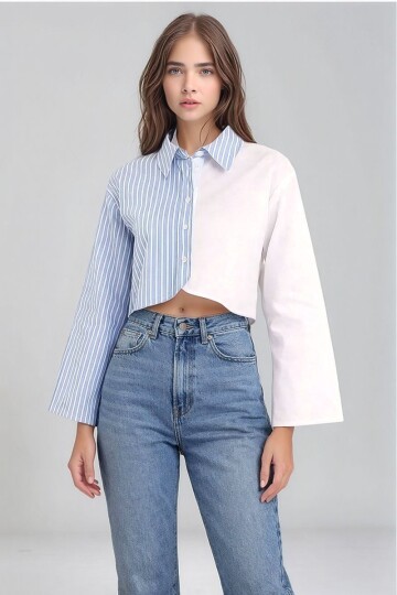 Kadın Özel Tasarım Asimetrik Kesim Düğmeli Çizgi Garnili Crop Boy Gömlek
