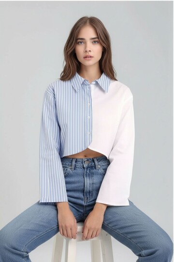 Kadın Özel Tasarım Asimetrik Kesim Düğmeli Çizgi Garnili Crop Boy Gömlek