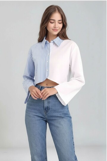 Kadın Özel Tasarım Asimetrik Kesim Düğmeli Çizgi Garnili Crop Boy Gömlek