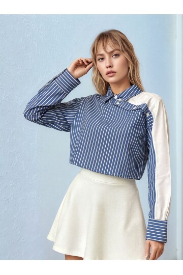 Kadın Özel Tasarım Yaka Kol Düğmeli Çizgi Garnili Crop Boy Kısa Bluz Gömlek