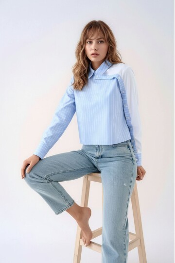 Kadın Özel Tasarım Yaka Koldan Düğmeli Çift Renk Crop Boy Bluz Kısa Gömlek