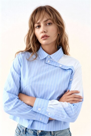 Kadın Özel Tasarım Yaka Koldan Düğmeli Çift Renk Crop Boy Bluz Kısa Gömlek