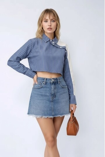 Kadın Özel Tasarım Yaka Koldan Düğmeli Çift Renk Crop Boy Bluz Kısa Gömlek