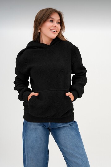 Kadın Peluş Kumoş Kanguru Cepli Kapüşonlu Rahat Kalıp Standart Sweatshirt